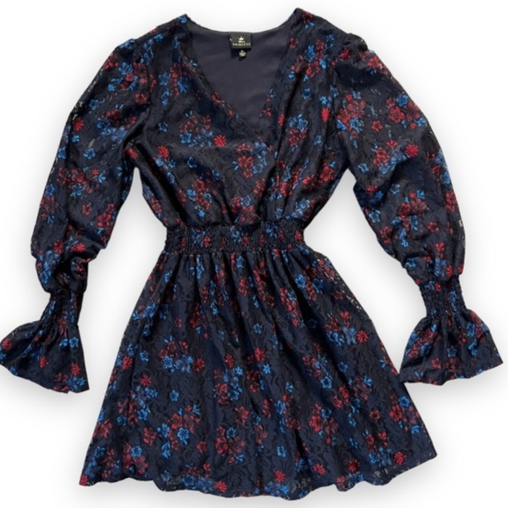Disney Princess Mulan Red and Blue Long Sleeve Dress Smocked Waist